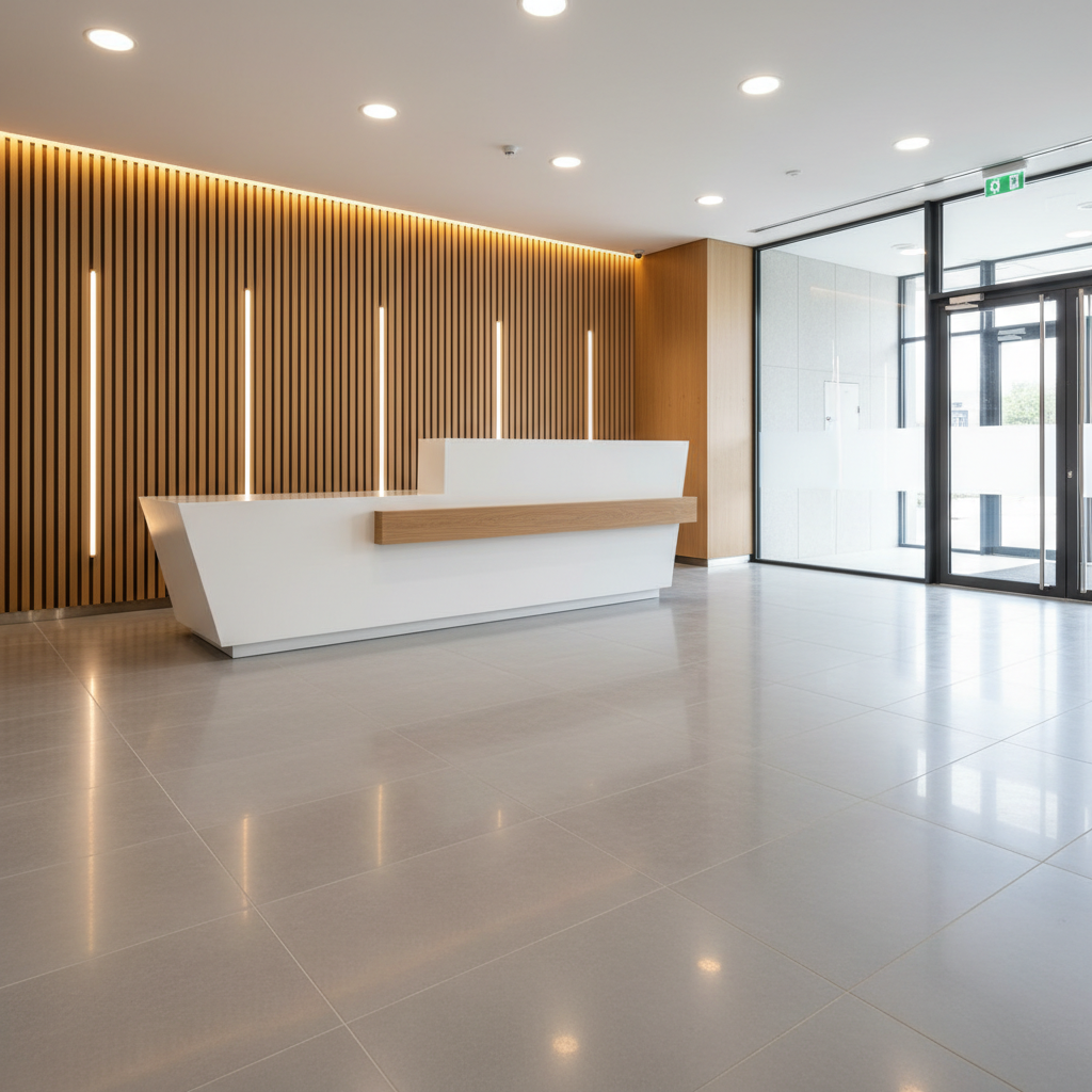 A high-end commercial lobby interior recently completed by a construction firm, featuring polished large-format porcelain tiles in light gray, perfectly aligned with narrow grout lines and a seamless finish. A custom reception desk made from smooth white solid-surface material with a warm wood accent panel anchors the foreground. Behind it, a feature wall of vertical slatted wood runs floor to ceiling, lit by concealed LED strip lighting that casts a soft, even glow. Natural daylight pours through tall glass entry doors, combining with recessed ceiling lights to create balanced, luminous illumination. Photographic realism, shot at eye level with a wide-angle lens, captures the full width of the lobby in crisp detail. The mood is sleek, professional, and welcoming, emphasizing premium craftsmanship and meticulous detailing, with no people or human figures anywhere in the scene.