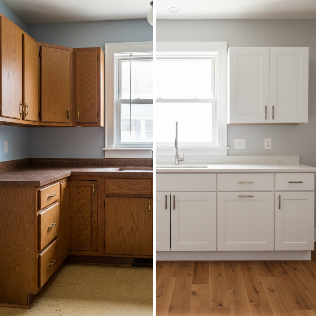 A side-by-side renovation comparison concept in a single, split-screen photographic image: on the left, an outdated kitchen with worn laminate countertops, mismatched cabinets, and dull, scuffed vinyl flooring; on the right, the same space transformed into a bright, contemporary kitchen with quartz countertops, clean white shaker cabinets, and warm-toned engineered wood floors. Both halves share identical framing from an eye-level angle, showing the same window, now featuring updated trim and modern hardware. Soft, diffused daylight streams in, making the right side visibly more luminous and inviting. The composition is balanced and perfectly aligned along the vertical center line. The atmosphere conveys progress, improvement, and trust in professional renovation services, rendered in photographic realism, with absolutely no people or human silhouettes present in either half of the image.