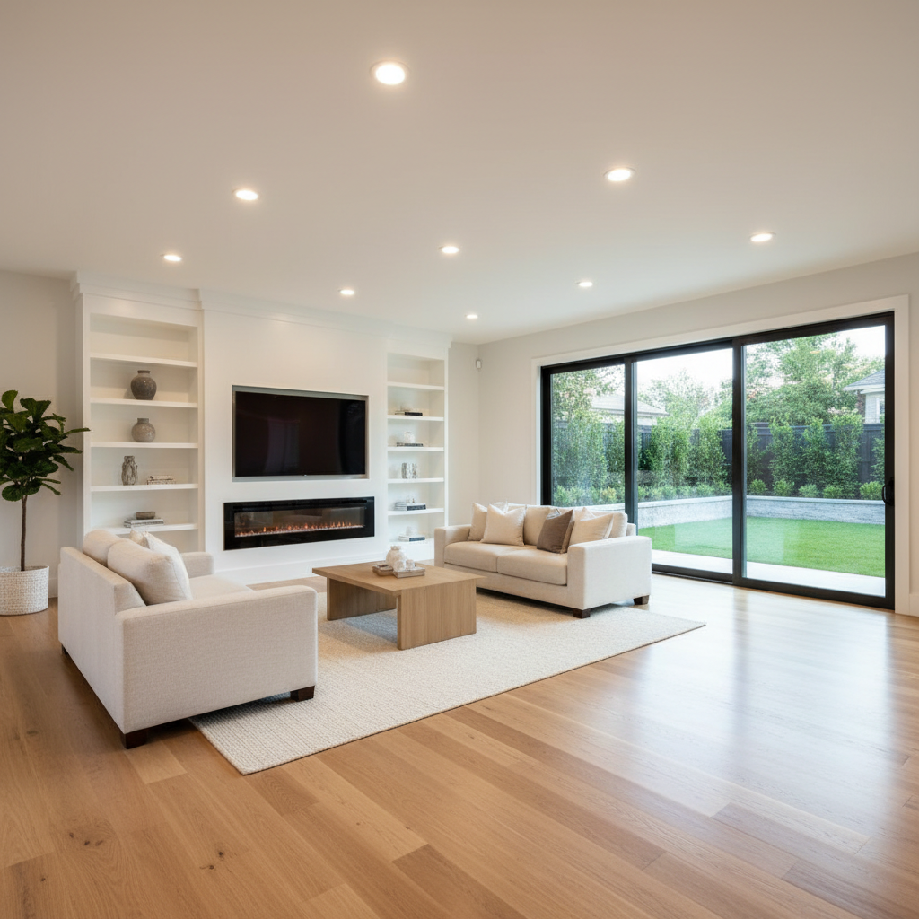 A beautifully finished residential living room renovation showcasing flawless craftsmanship, with smooth white walls, perfectly aligned recessed ceiling lights, and wide-plank oak hardwood flooring running the length of the room. A custom-built media wall with integrated shelving and a sleek, built-in fireplace serves as the focal point. Large sliding glass doors open to a tidy backyard, filling the space with soft, natural daylight that creates gentle reflections on the floor. Shot from a slightly elevated corner angle in photographic realism, the composition reveals the entire room, emphasizing straight lines and clean edges. The atmosphere is calm, polished, and inviting, demonstrating the high-quality finish of a professional general contractor, with absolutely no people, portraits, or human silhouettes visible anywhere.