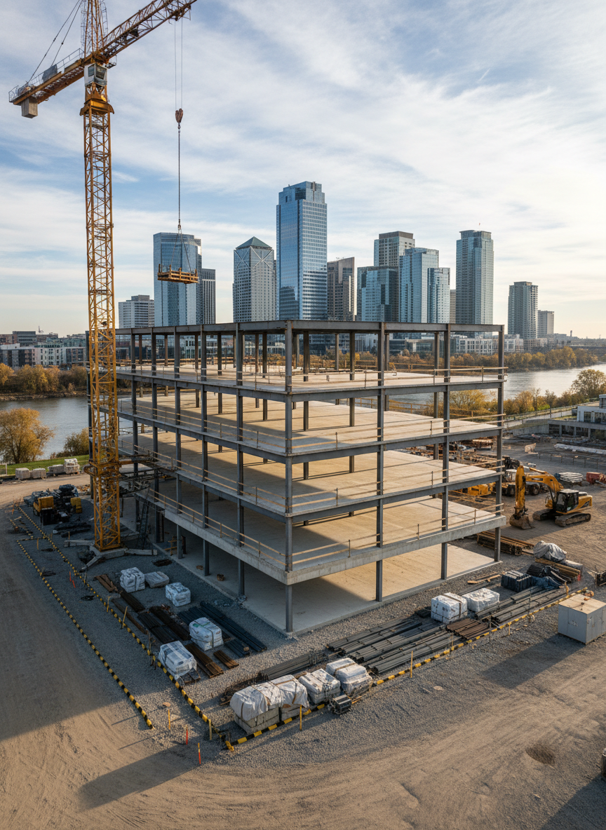A modern construction site of a mid-rise commercial building in its structural phase, featuring clean steel beams, freshly poured concrete slabs, and neatly stacked materials along the perimeter. The ground is compacted gravel with clearly marked safety lines and organized equipment. In the distance, a skyline of completed office buildings suggests progress and reliability. Late afternoon natural light casts long, crisp shadows, highlighting the precision of the work. Captured at eye level with photographic realism and sharp focus throughout, the composition uses the rule of thirds to frame the building as the central focus. The mood is professional, orderly, and confident, emphasizing quality craftsmanship and a well-managed project environment, with no human subjects present anywhere in the scene.