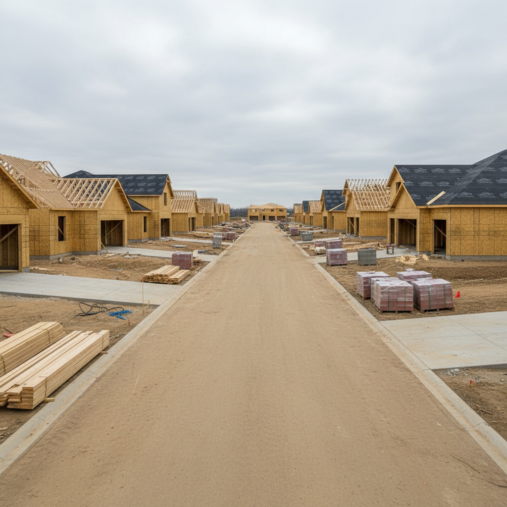 An active but orderly construction scene of a new residential subdivision, focusing on several partially framed houses lined up along a freshly graded street. Each structure features clean, exposed timber framing, sheathing panels accurately aligned, and roofing underlayment neatly installed on some roofs. The ground is compacted dirt with clearly defined driveways and curbs, and stacks of lumber and pallets of bricks are arranged in tidy rows. Early morning overcast light provides soft, diffused illumination with gentle shadows, highlighting textures without harsh contrast. Photographic realism, captured from a slightly elevated angle to show depth and repetition of houses receding into the background. The mood is optimistic, structured, and forward-moving, emphasizing organized growth and reliable project coordination, with no workers, machinery operators, or any human figures in sight.