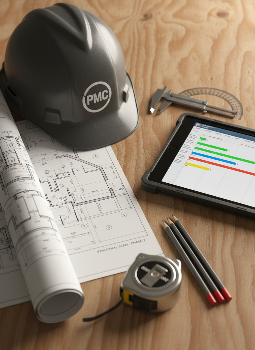 A detailed close-up of a contractor’s project management workspace on a sturdy, unfinished plywood table, showcasing a neatly rolled blueprint partially unfurled beside a branded, dark gray hard hat and precision measuring tools. A digital tablet displays a crisp construction schedule with color-coded tasks, positioned next to a metal tape measure and sharpened carpenter’s pencils aligned parallel. Soft overhead workshop lighting creates subtle highlights on the tablet screen and hard hat while casting controlled, minimal shadows. Captured from a top-down, photographic realism perspective with a shallow depth of field, the central focus remains on the blueprint’s fine linework and the sense of organization. The mood is meticulous, professional, and focused on planning and coordination, clearly evoking expert project management without any human presence in the frame.