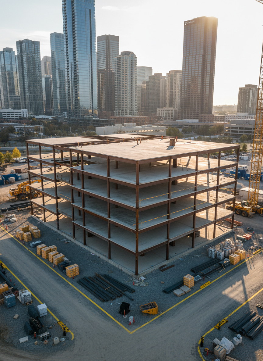 A modern construction site of a mid-rise commercial building in its structural phase, featuring clean steel beams, freshly poured concrete slabs, and neatly stacked materials along the perimeter. The ground is compacted gravel with clearly marked safety lines and organized equipment. In the distance, a skyline of completed office buildings suggests progress and reliability. Late afternoon natural light casts long, crisp shadows, highlighting the precision of the work. Captured at eye level with photographic realism and sharp focus throughout, the composition uses the rule of thirds to frame the building as the central focus. The mood is professional, orderly, and confident, emphasizing quality craftsmanship and a well-managed project environment, with no human subjects present anywhere in the scene.